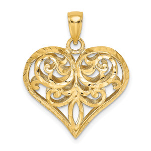 14K Gold  3-D Diamond-cut Filigree Puffed Heart Charm