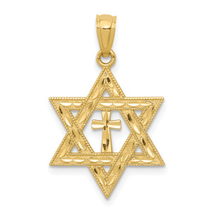 14KT Gold  Diamond-cut Star of David with Cross Pendant C3740
