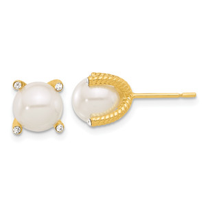 Sterling Silver Gold-tone Polished/Twisted CZ and Syn. Pearl Post Earrings QE17280