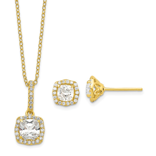 Sterling Silver Polished Gold-tone CZ 18in Necklace/Post Earrings Set QE15895