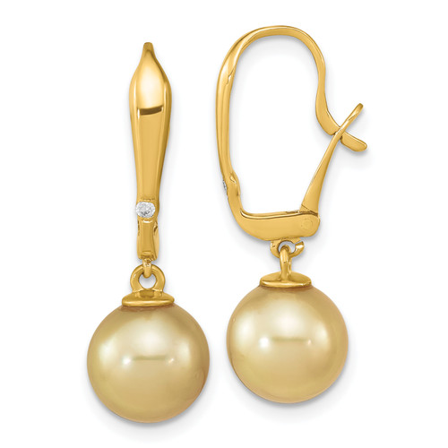 14KT Gold  9-10mm Round Golden South Sea Saltwater Cultured Pearl and .02 Carat Diamond Post Earrings TF2142