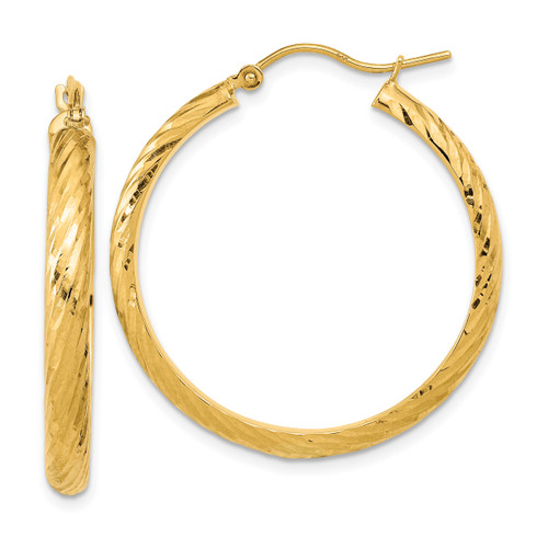 14KT Gold  Polished Diamond Cut  Twist Pattern Hoop Earrings TF1998