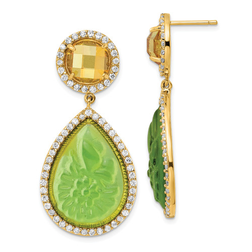 Gold Plate Silver Simulated Peridot Carved Pear Drop with cz Earring EM6882-033-RA