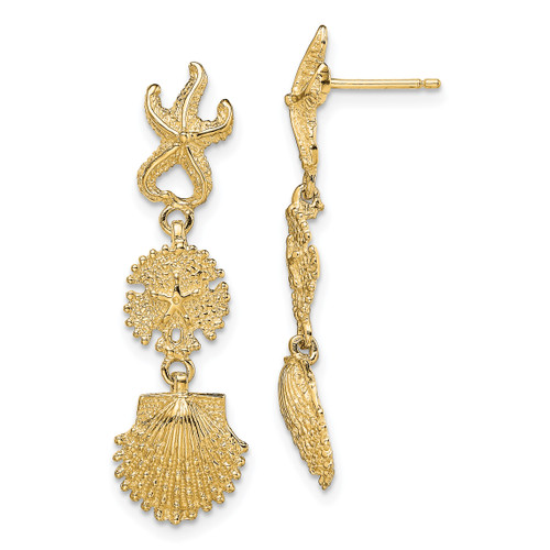 14KT Gold  Starfish, Sand Dollar ,Scallop Shell Dangle Earrings QE14528
