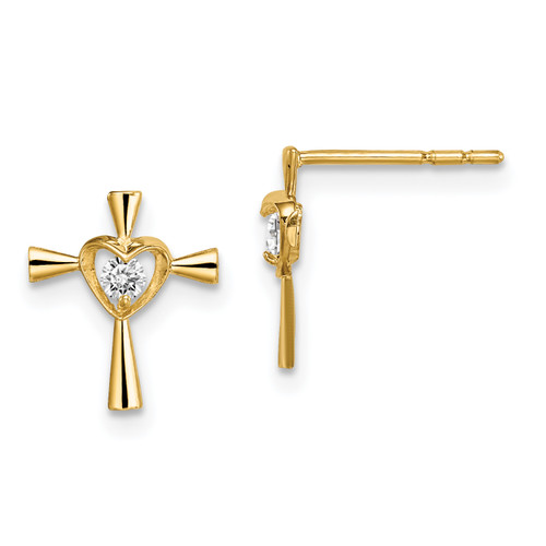 14KT Gold  Madi K CZ Cross with Heart Post Earrings YE1839