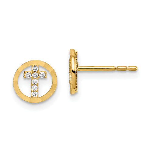 14KT Gold  Madi K CZ Diamond-Cut Circle Cross Post Earrings TL1161