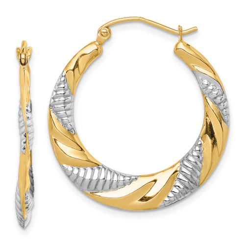 14KT Gold  & Rhodium Textured Stamped Hoop Earrings TH983