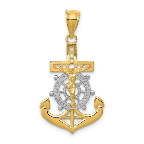 14KT  w/Rhodium Diamond-cut Mariners Cross Pendant