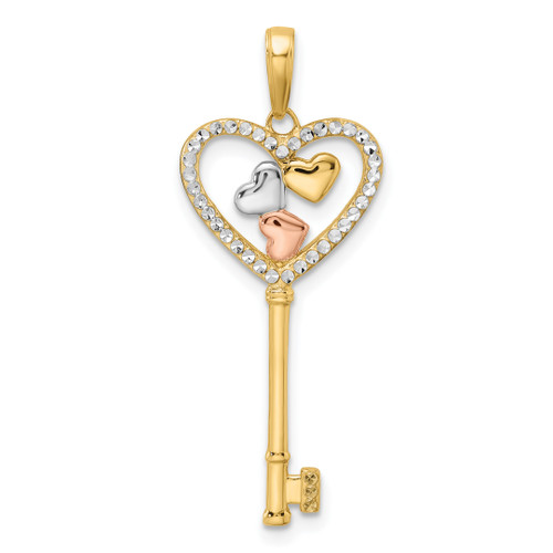 14KT  w/White and Rose Rhodium Diamond-cut Hearts Key Pendant 14KT  w/White and Rose Rhodium Diamond-cut Hearts Key Pendant