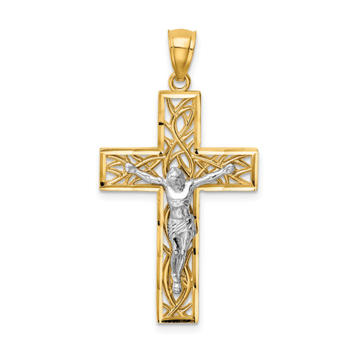 14KT  Two-Tone Satin Polished D/C Crucifix W/Vines Pendant 14KT  Two-Tone Satin Polished D/C Crucifix W/Vines Pendant