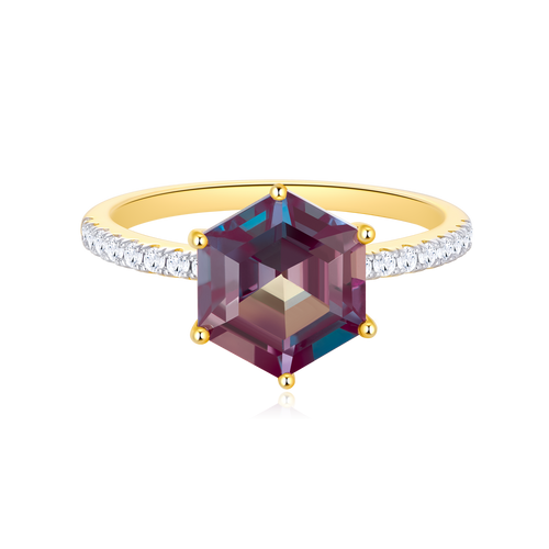MR0087 - Lab-Created Alexandrite Solitaire & Diamond Pave Band Ring in 14K Yellow Gold by Monte Luna