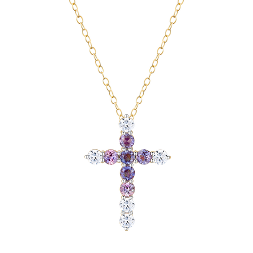 MN0086 - Lab-Created Gemstone & Diamond Cross Pendant Necklace in 14K Yellow Gold by Monte Luna