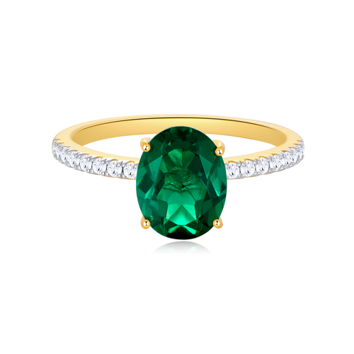 MR0097 - Lab-Created Emerald Oval Solitaire & Lab-Created Diamond Pave Band Ring in 14K Yellow Gold by Monte Luna