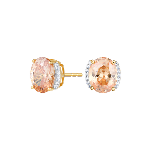 ME0099 - Oval-Cut Lab-Created Padparadscha & Diamond Side Halo Stud Earrings in 14K Yellow Gold by Monte Luna