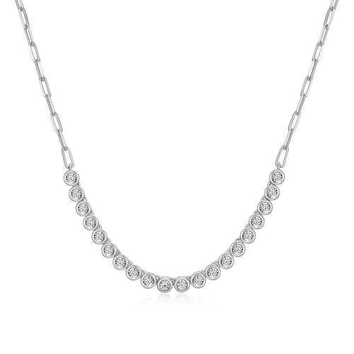 BN0239W - Mini Paperclip Chain & Bezel-Set Lab-Created Diamond Necklace in Rhodium-Plated Sterling Silver