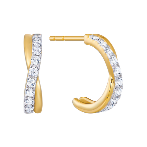 BE0160Y - Pave Crossover J-Hoop Stud Earrings in 14K Yellow Gold-Plated Sterling Silver