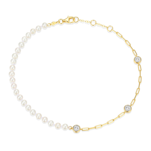 BA0235Y - Freshwater Baby Pearl & Lab-Created Diamond Station Paperclip Anklet in 14K Yellow Gold-Plated Sterling Silver