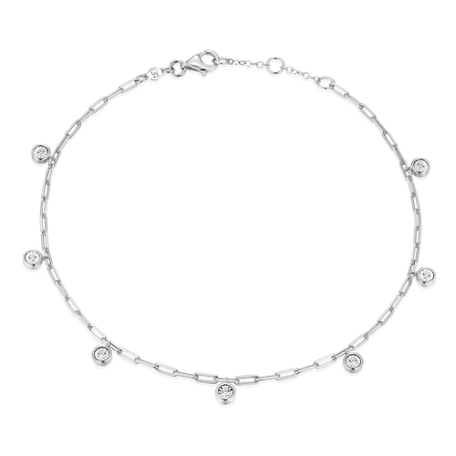 BA0217W - Dangle Station Lab-Created Diamond Mini Paperclip Anklet in Rhodium-Plated Sterling Silver