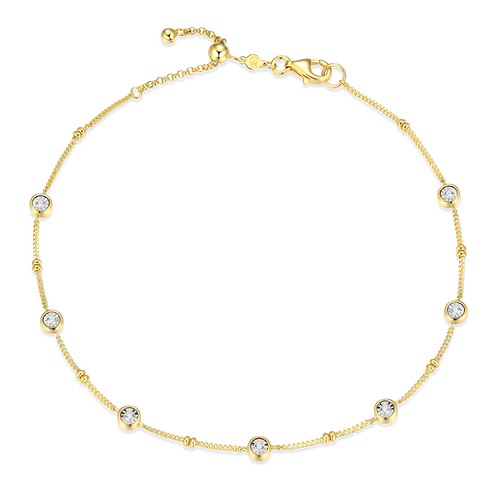 BA0218Y - Bezel Station Lab-Created Diamond Beaded Bolo Anklet in 14K Yellow Gold-Plated Sterling Silver