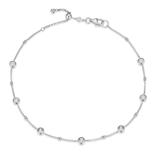 BA0218W - Bezel Station Lab-Created Diamond Beaded Bolo Anklet in Rhodium-Plated Sterling Silver
