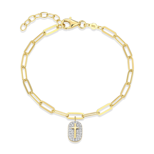 BB0171Y - Cross Tag Pendant Lab-Created Diamond Paperclip Bracelet in 14K Gold & Rhodium-Plated Sterling Silver