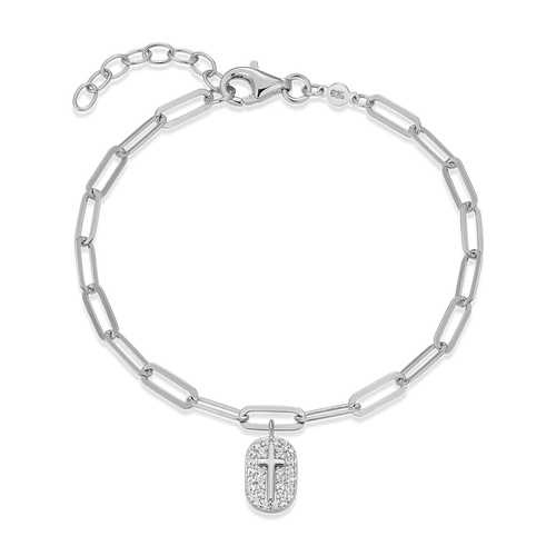 BB0171W - Cross Tag Pendant Lab-Created Diamond Paperclip Bracelet in Rhodium-Plated Sterling Silver