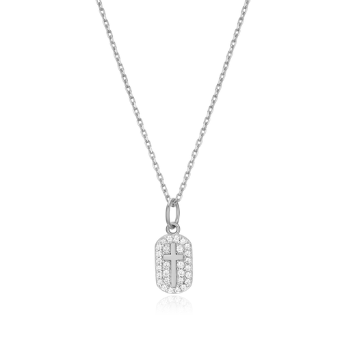 BN0022W - Cross Tag Pendant Necklace in Rhodium-Plated Sterling Silver