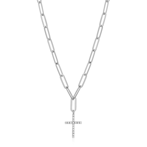 BN0170W - Cross Pendant Lab-Created Diamond Paperclip Necklace in Rhodium-Plated Sterling Silver