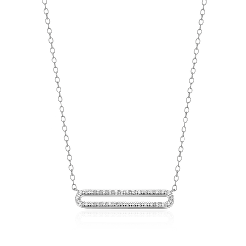 BN0093W - Pave Paperclip Pendant Necklace in Rhodium-Plated Sterling Silver