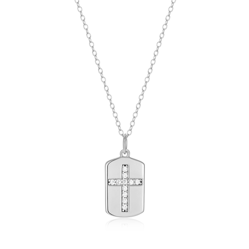 BN0215W - Cross Tag Lab-Created Diamond Pendant Necklace in Rhodium-Plated Sterling Silver
