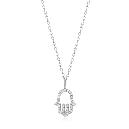 BN0029W - Hamsa Pendant Necklace in Rhodium-Plated Sterling Silver
