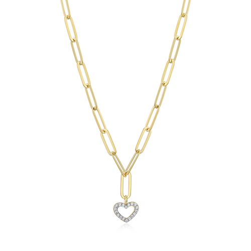 BN0169Y - Open Heart Pendant Lab-Created Diamond Paperclip Necklace in 14K Gold & Rhodium-Plated Sterling Silver