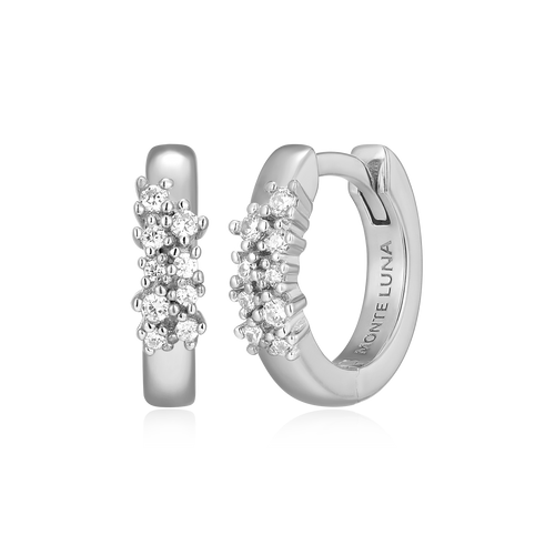 BE0191W - Scattered Lab-Created Diamond Huggie Earrings in Rhodium-Plated Sterling Silver