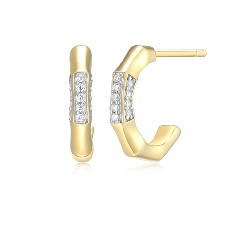 BE0067Y - Bamboo J-Hoop Stud Earrings in 14K Yellow Gold-Plated Sterling Silver