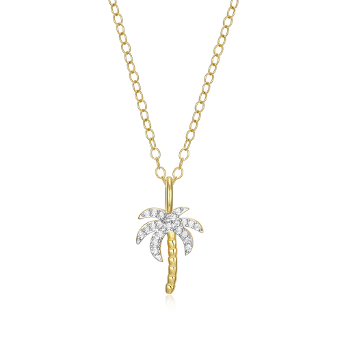 BN0181Y - Pave Palm Tree Lab-Created Diamond Pendant Necklace in 14K Gold & Rhodium-Plated Sterling Silver