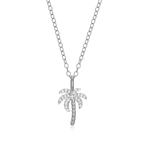 BN0181W - Pave Palm Tree Lab-Created Diamond Pendant Necklace in Rhodium-Plated Sterling Silver