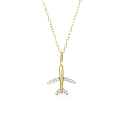 BN0050Y - Airplane Pendant Necklace in 14K Yellow Gold-Plated Sterling Silver