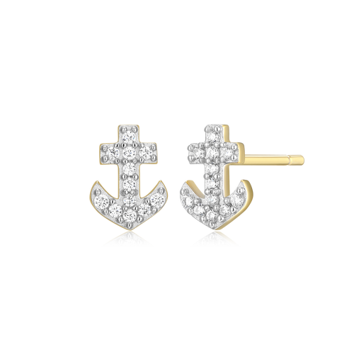 BE0069Y - Anchor Pave Stud Earrings in 14K Yellow Gold-Plated Sterling Silver