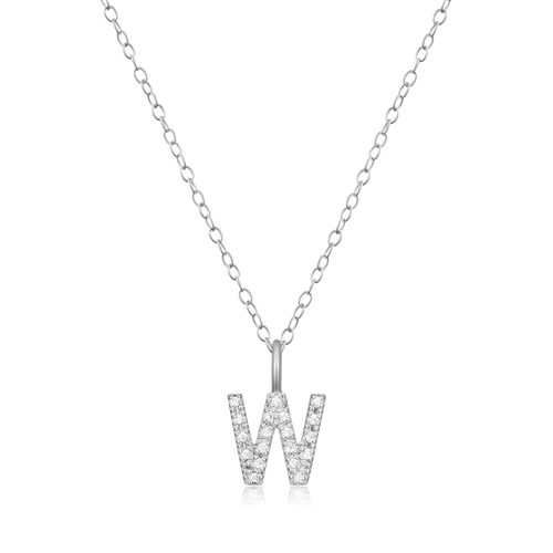 BN0142W - Letter "W" Initial Pendant Necklace in Rhodium-Plated Sterling Silver