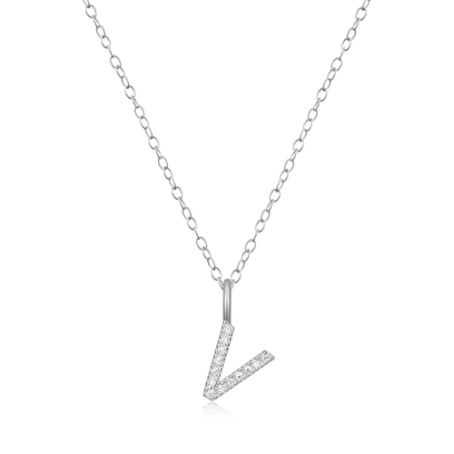 BN0141W - Letter "V" Initial Pendant Necklace in Rhodium-Plated Sterling Silver