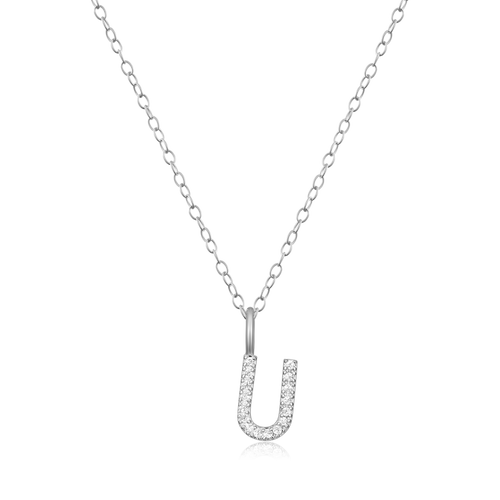 BN0140W - Letter "U" Initial Pendant Necklace in Rhodium-Plated Sterling Silver