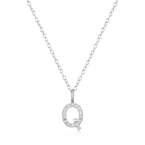 BN0136W - Letter "Q" Initial Pendant Necklace in Rhodium-Plated Sterling Silver