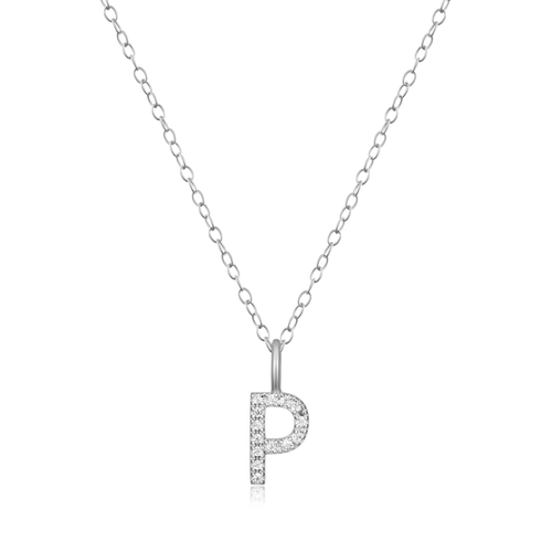 BN0135W - Letter "P" Initial Pendant Necklace in Rhodium-Plated Sterling Silver