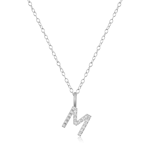 BN0132W - Letter "M" Initial Pendant Necklace in Rhodium-Plated Sterling Silver