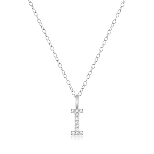 BN0128W - Letter "I" Initial Pendant Necklace in Rhodium-Plated Sterling Silver