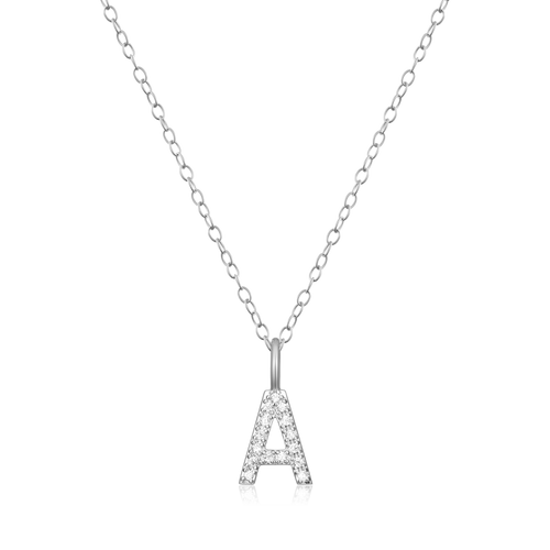 BN0120W - Letter "A" Initial Pendant Necklace in Rhodium-Plated Sterling Silver