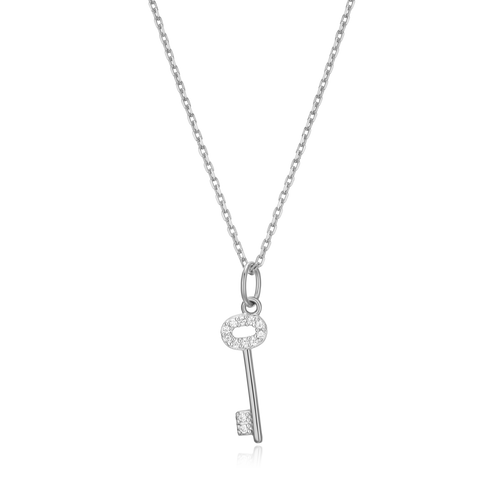 BN0018W - Skeleton Key Pendant Necklace in Rhodium-Plated Sterling Silver
