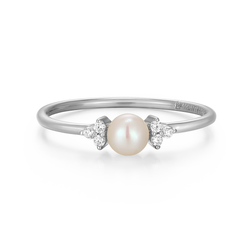 BR0193W - Genuine Pearl & Lab-Created Diamond Cluster Ring in Rhodium-Plated Sterling Silver