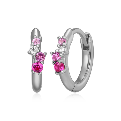 BE0199W - Scattered Ombre Lab-Created Ruby & Diamond Huggie Earrings in Rhodium-Plated Sterling Silver