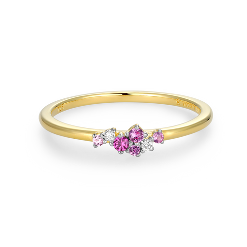 BR0199Y - Scattered Ombre Lab-Created Ruby & Diamond Ring in 14K Gold & Rhodium-Plated Sterling Silver